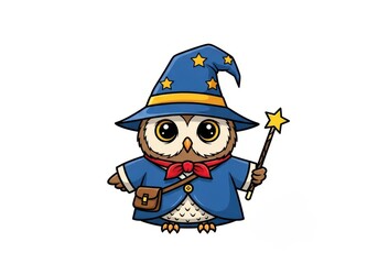 Obraz premium Cute cartoon owl wizard wearing a blue star-covered hat and robe holding a magic wand stars