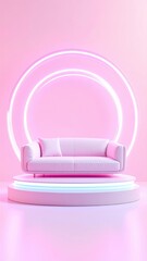 Pink sofa on a light pink podium with neon rings
