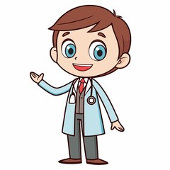 Cartoon Doctor Ready to Help with a Friendly Gesture Cartoon man in a Lab Coat with a Stethoscope