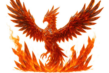 Fiery phoenix bird rising from flames with wide spread wings fantasy mythological creature illustration isolated on white high detail fire effect