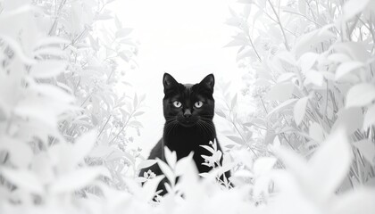 Black cat amidst white foliage (1)