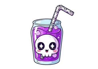 Cute cartoon skull character in a purple drink with skull patterned straw image