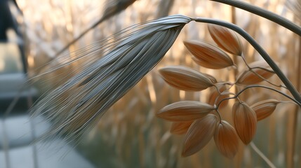 Close up of dried wheat and oat heads in a field.