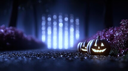 Halloween pumpkin glowing in spooky forest, Halloween pumpkin mystical background with light beams, fantasy Halloween pumpkin surreal forest scene for dark seasonal design