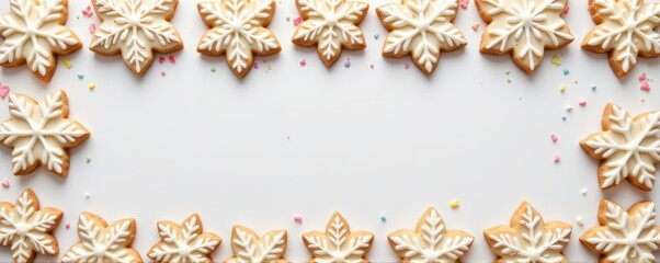 Flat lay banner of snowflake shaped cookies decorated with icing placed in rows along frame