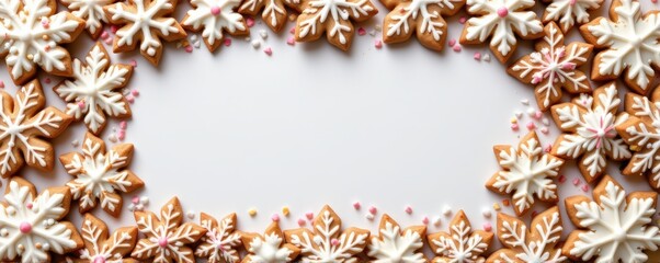 Flat lay banner of snowflake shaped cookies decorated with icing placed in rows along frame