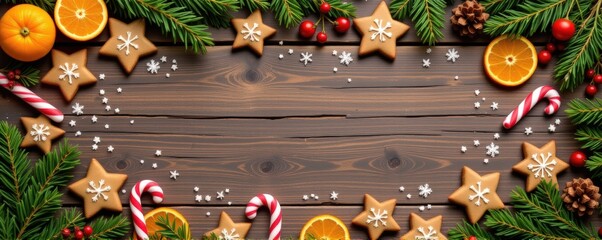 Flat lay banner of gingerbread cookies shaped like stars, candy canes