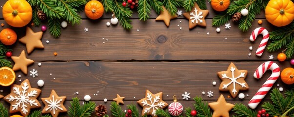 Flat lay banner of gingerbread cookies shaped like stars, candy canes