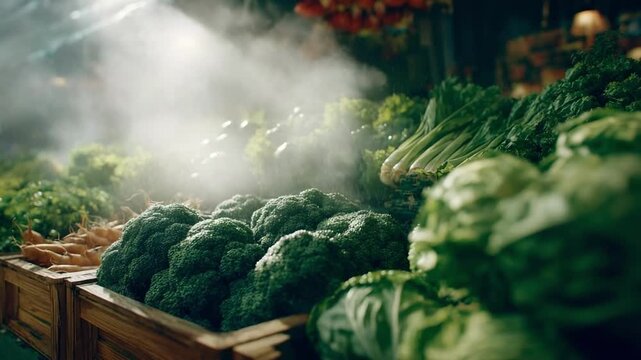 Fresh broccoli and leafy greens in a market stall, steam rising over crates of vegetables.