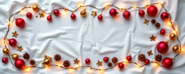 Flat lay banner arrangement of red baubles, golden bells