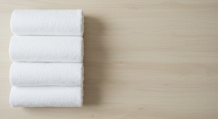 Soft, fluffy white towels neatly stacked on a warm, inviting wooden surface