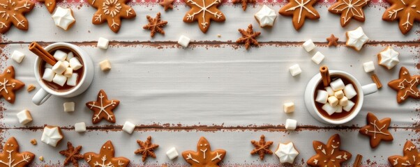 Flat lay banner showing hot cocoa mugs topped with marshmallows and cinnamon sticks placed evenly ac