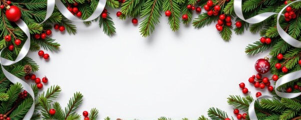 Flat lay panoramic arrangement of Christmas wreaths, pine branches