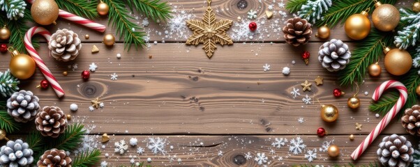 Flat lay panoramic banner of snow dusted pinecones, golden baubles