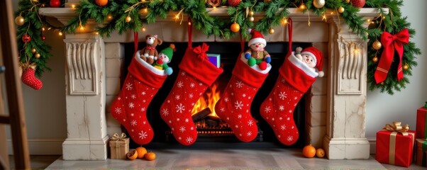 Flat lay banner of Christmas morning stockings filled with toys and oranges spilling across fireplac