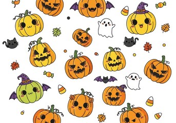 Cute Halloween pumpkins ghosts cats bats candy leaves pattern image