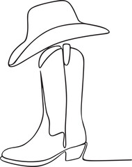 Hand drawn cowboy boot and large brimmed sun hat line art vector
