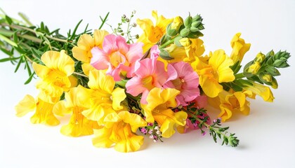 A bouquet of vibrant yellow and pink Snapdragon flowers