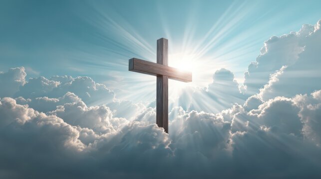 A wooden cross bathed in ethereal light ascends amidst a heavenly cloudscape, symbolizing faith, hope, and salvation. - Powered by Adobe
