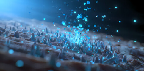 Microscopic surface with glowing blue particles and crystalline structures