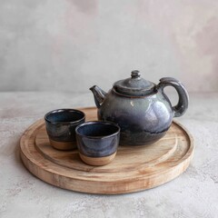 Gray glaze teapot and cups on wooden tray