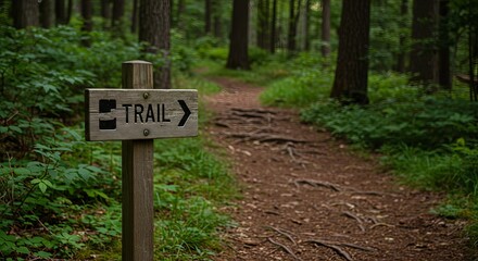 Wooden trail sign pointing the way through lush green forest environment