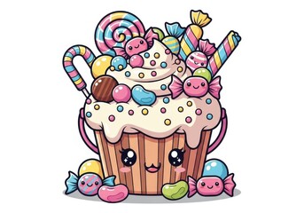Obraz premium Kawaii cupcake with colorful candies and lollipops on background candy sweet