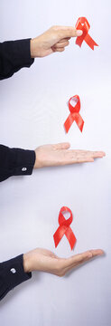 Set collection or collage of female hand with red ribbon as symbol of HIV AIDS awareness isolated on white background