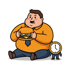 Obese man in tie eating burger with alarm clock