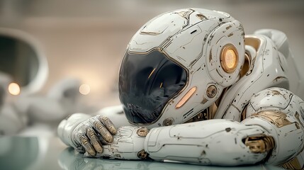 Futuristic astronaut in white space suit resting on a reflective surface in a sci-fi setting.