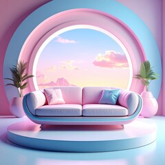 A pastel-toned, futuristic living room with a large window
