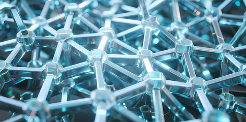 Close-up of a transparent hexagonal molecular structure with interconnected nodes and glowing blue highlights.