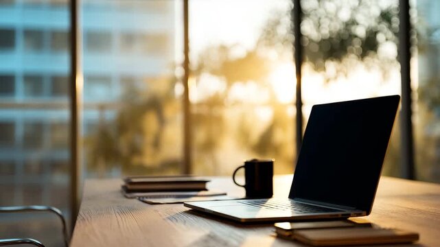 Laptop computer on wooden desk near window with morning light and coffee cup in office workspace warm atmosphere