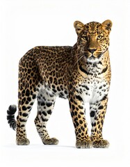 A leopard stands alert against a plain white background