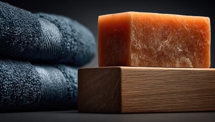 A block of orange-toned soap sits atop a wooden block, beside folded dark blue towels