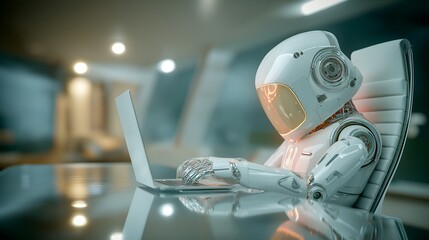 Futuristic Robot Astronaut Working on Laptop.