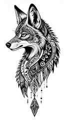 Obraz premium Intricate black and white illustration of a fox, adorned with detailed, stylized feather and geometric patterns