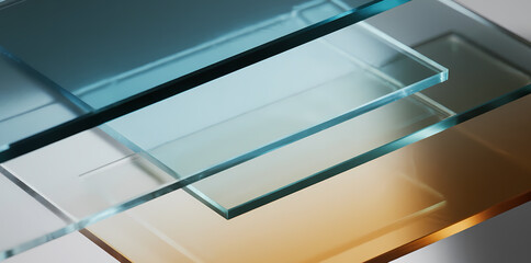 Obraz premium Stacked transparent glass panels with reflective surfaces and layered depth