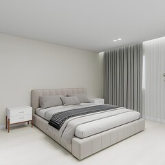 Elegant minimalist bedroom with a soft upholstered bed, neutral tones, and cozy bedding. Simple nightstands and flowing curtains create a serene, modern, and inviting atmosphere