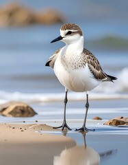 A small shorebird, likely a sanderling, stands on a sandy beach, with a calm, reflective waterline and soft light