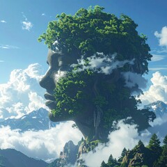 A majestic, serene woman's profile, her head a sculpted mountain of trees and foliage, nestled amidst clouds and mountains