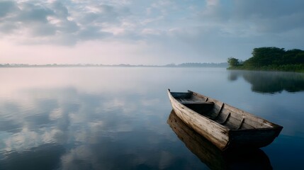 Obraz premium A solitary wooden boat rests on a tranquil lake during a misty dawn with clouds reflected on the calm water