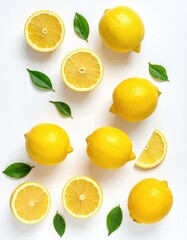 Fresh lemons and leaves on a white background
