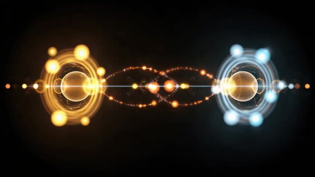 Abstract Digital Connection: The image features an abstract depiction of digital connections, represented by luminous golden and cyan circles and lines against a black background.