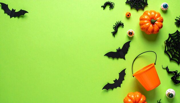 Halloween decorations arranged as a spooky frame on bright neon green background with copy space in the center. Features pumpkin bucket, skull, bats, spiders, webs, toy insects, and candy eyeballs. - Powered by Adobe