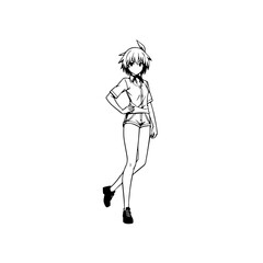 Black and white hot anime character line art illustration, stylish minimal outline drawing in clean style