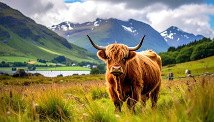 Highland cow in a meadow with mountains in the background