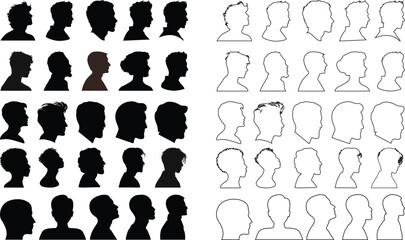 User profile icon set. Profile, people silhouette, person, avatar, sign up button vector collection.Black silhouette avatar collection of men heads, profile icons, human face outline, vector design