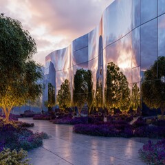 Modern architectural design with reflective glass facade surrounded by landscaping