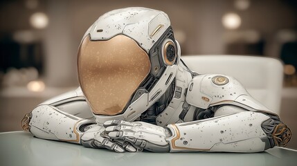 A weary humanoid robot in a moment of quiet reflection.